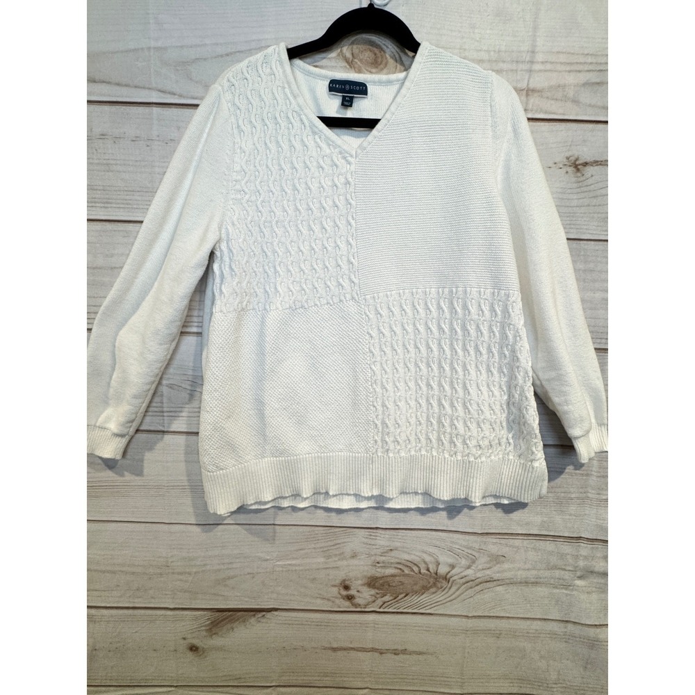 Karen Scott Womens White Cotton Cable Knit Patchwork V Neck Sweater XL